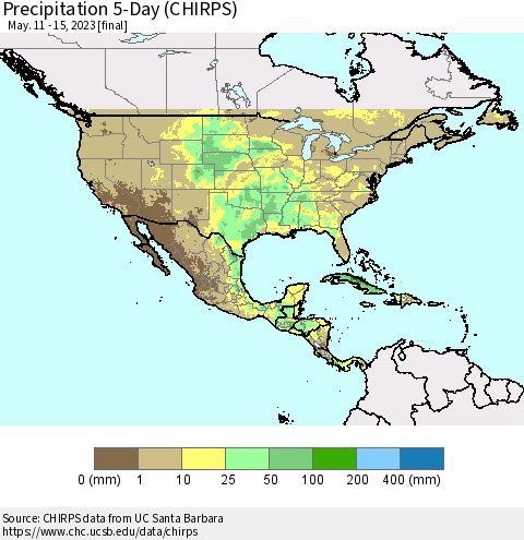 North America Precipitation 5-Day (CHIRPS) Thematic Map For 5/11/2023 - 5/15/2023