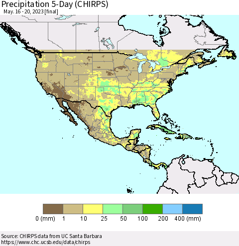 North America Precipitation 5-Day (CHIRPS) Thematic Map For 5/16/2023 - 5/20/2023
