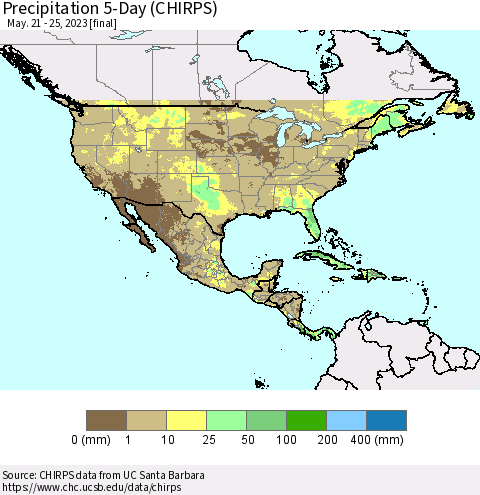 North America Precipitation 5-Day (CHIRPS) Thematic Map For 5/21/2023 - 5/25/2023