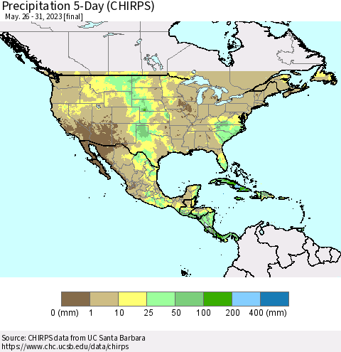 North America Precipitation 5-Day (CHIRPS) Thematic Map For 5/26/2023 - 5/31/2023
