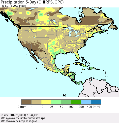 North America Precipitation 5-Day (CHIRPS) Thematic Map For 6/1/2023 - 6/5/2023