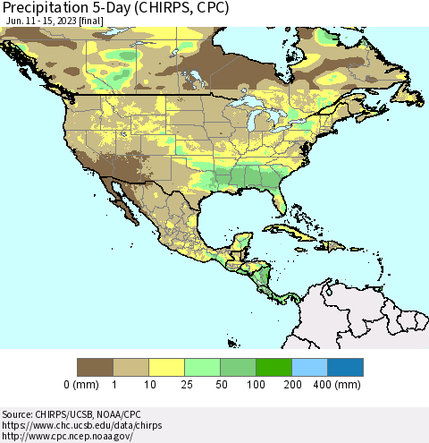 North America Precipitation 5-Day (CHIRPS) Thematic Map For 6/11/2023 - 6/15/2023