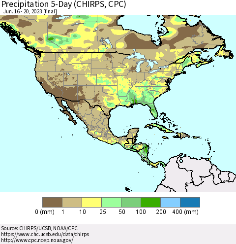 North America Precipitation 5-Day (CHIRPS) Thematic Map For 6/16/2023 - 6/20/2023