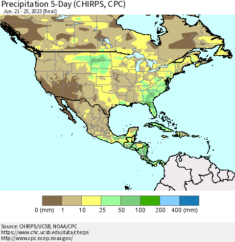 North America Precipitation 5-Day (CHIRPS) Thematic Map For 6/21/2023 - 6/25/2023