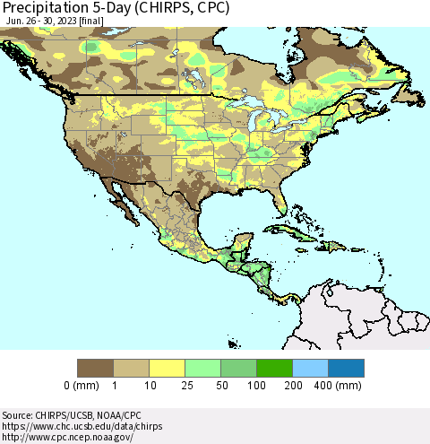 North America Precipitation 5-Day (CHIRPS) Thematic Map For 6/26/2023 - 6/30/2023
