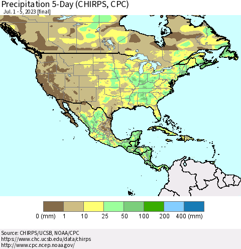 North America Precipitation 5-Day (CHIRPS) Thematic Map For 7/1/2023 - 7/5/2023
