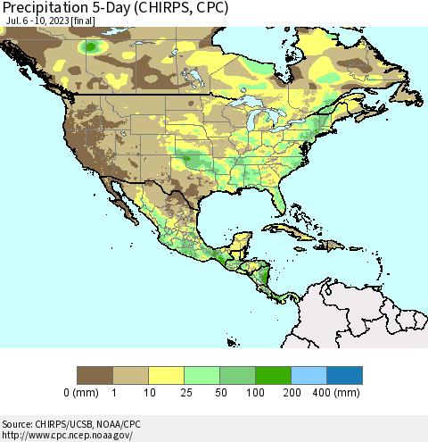 North America Precipitation 5-Day (CHIRPS) Thematic Map For 7/6/2023 - 7/10/2023