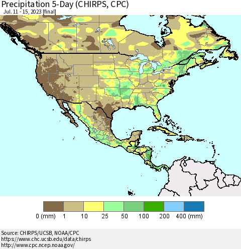 North America Precipitation 5-Day (CHIRPS) Thematic Map For 7/11/2023 - 7/15/2023