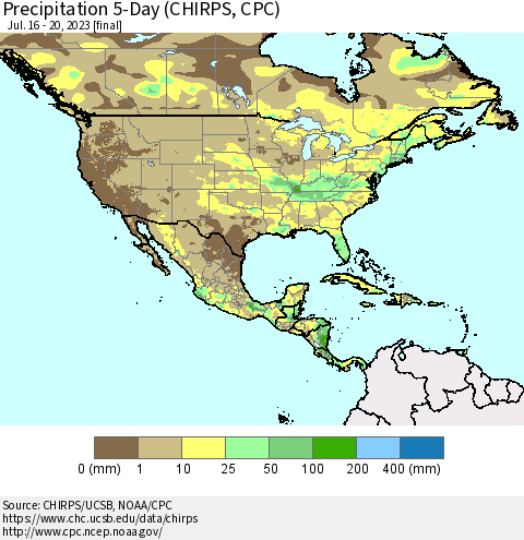 North America Precipitation 5-Day (CHIRPS) Thematic Map For 7/16/2023 - 7/20/2023