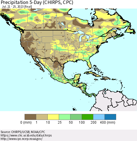 North America Precipitation 5-Day (CHIRPS) Thematic Map For 7/21/2023 - 7/25/2023