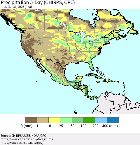 North America Precipitation 5-Day (CHIRPS) Thematic Map For 7/26/2023 - 7/31/2023