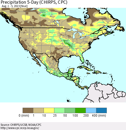 North America Precipitation 5-Day (CHIRPS) Thematic Map For 8/1/2023 - 8/5/2023