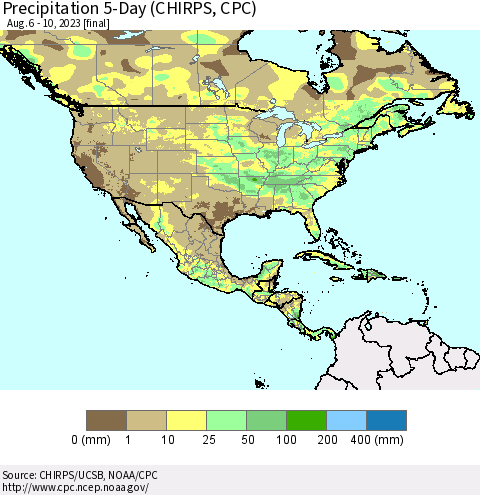 North America Precipitation 5-Day (CHIRPS) Thematic Map For 8/6/2023 - 8/10/2023