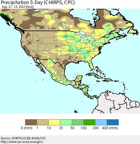North America Precipitation 5-Day (CHIRPS) Thematic Map For 8/11/2023 - 8/15/2023