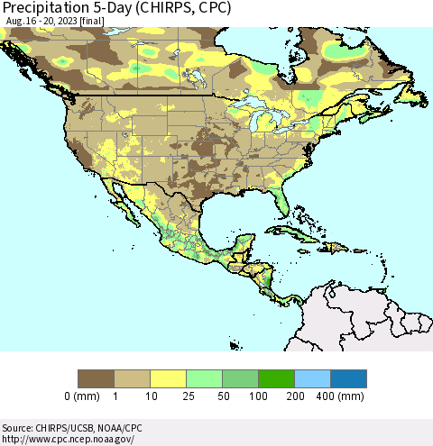 North America Precipitation 5-Day (CHIRPS) Thematic Map For 8/16/2023 - 8/20/2023