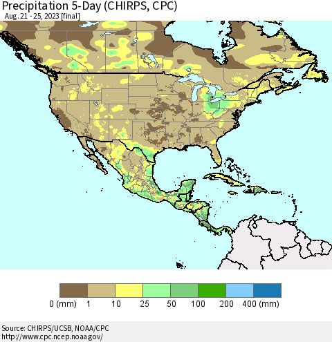 North America Precipitation 5-Day (CHIRPS) Thematic Map For 8/21/2023 - 8/25/2023