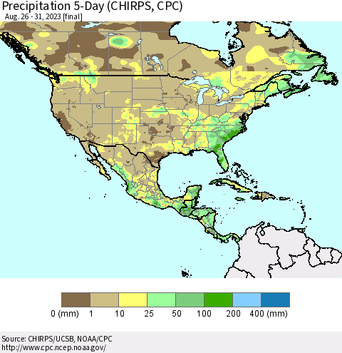 North America Precipitation 5-Day (CHIRPS) Thematic Map For 8/26/2023 - 8/31/2023