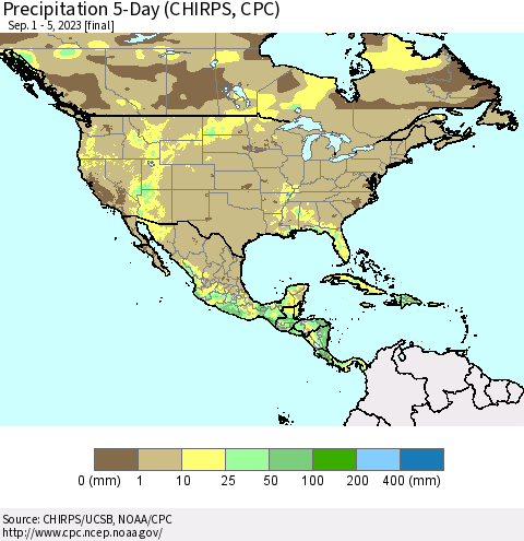North America Precipitation 5-Day (CHIRPS) Thematic Map For 9/1/2023 - 9/5/2023