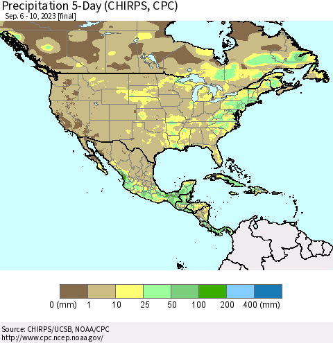 North America Precipitation 5-Day (CHIRPS) Thematic Map For 9/6/2023 - 9/10/2023