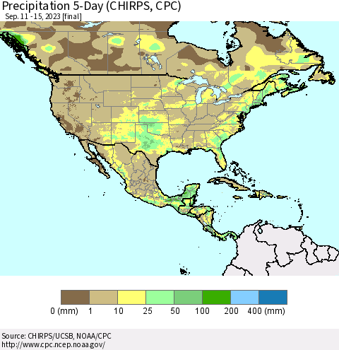 North America Precipitation 5-Day (CHIRPS) Thematic Map For 9/11/2023 - 9/15/2023