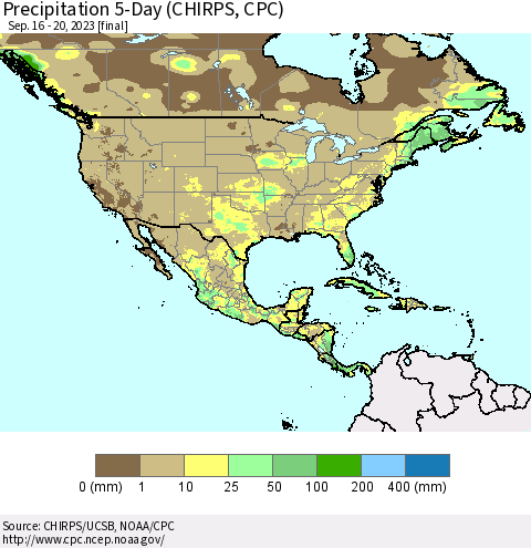 North America Precipitation 5-Day (CHIRPS) Thematic Map For 9/16/2023 - 9/20/2023