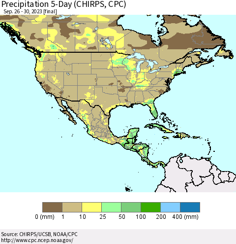 North America Precipitation 5-Day (CHIRPS) Thematic Map For 9/26/2023 - 9/30/2023