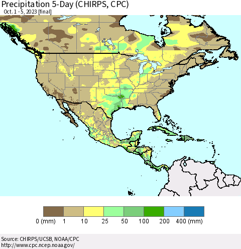 North America Precipitation 5-Day (CHIRPS) Thematic Map For 10/1/2023 - 10/5/2023