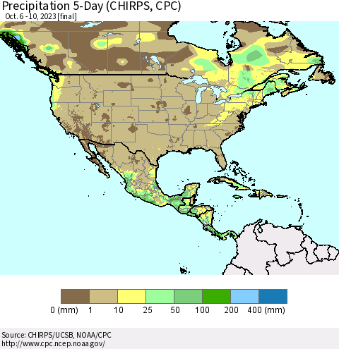North America Precipitation 5-Day (CHIRPS) Thematic Map For 10/6/2023 - 10/10/2023