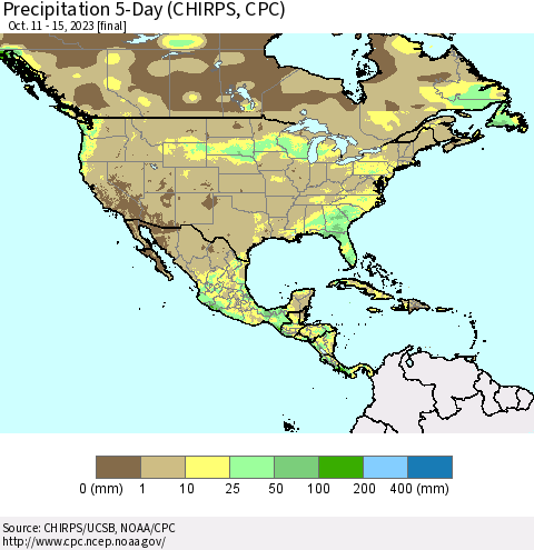 North America Precipitation 5-Day (CHIRPS) Thematic Map For 10/11/2023 - 10/15/2023