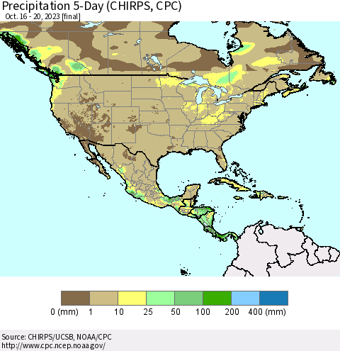 North America Precipitation 5-Day (CHIRPS) Thematic Map For 10/16/2023 - 10/20/2023