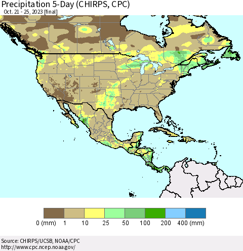 North America Precipitation 5-Day (CHIRPS) Thematic Map For 10/21/2023 - 10/25/2023