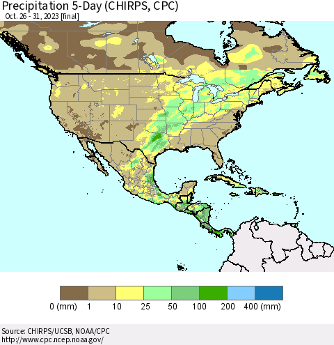 North America Precipitation 5-Day (CHIRPS) Thematic Map For 10/26/2023 - 10/31/2023