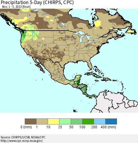 North America Precipitation 5-Day (CHIRPS) Thematic Map For 11/1/2023 - 11/5/2023