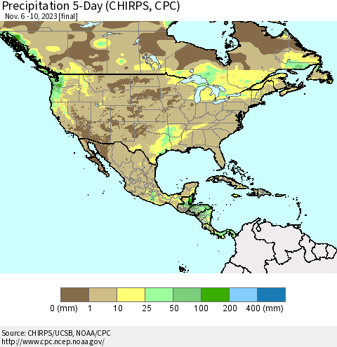 North America Precipitation 5-Day (CHIRPS) Thematic Map For 11/6/2023 - 11/10/2023