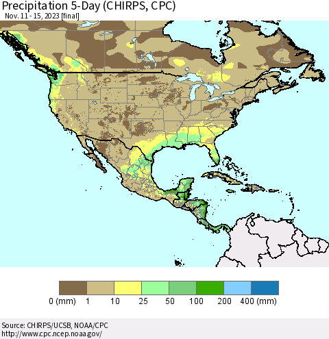North America Precipitation 5-Day (CHIRPS) Thematic Map For 11/11/2023 - 11/15/2023