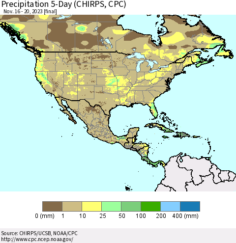 North America Precipitation 5-Day (CHIRPS) Thematic Map For 11/16/2023 - 11/20/2023