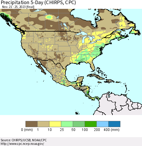 North America Precipitation 5-Day (CHIRPS) Thematic Map For 11/21/2023 - 11/25/2023
