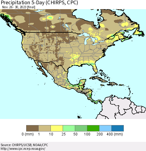 North America Precipitation 5-Day (CHIRPS) Thematic Map For 11/26/2023 - 11/30/2023