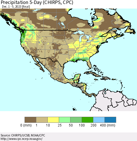 North America Precipitation 5-Day (CHIRPS) Thematic Map For 12/1/2023 - 12/5/2023