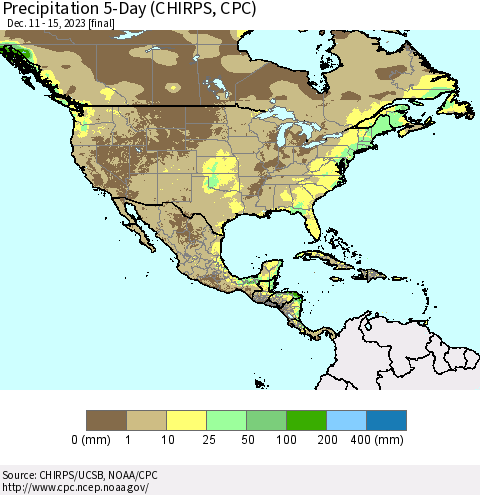 North America Precipitation 5-Day (CHIRPS) Thematic Map For 12/11/2023 - 12/15/2023
