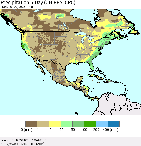 North America Precipitation 5-Day (CHIRPS) Thematic Map For 12/16/2023 - 12/20/2023