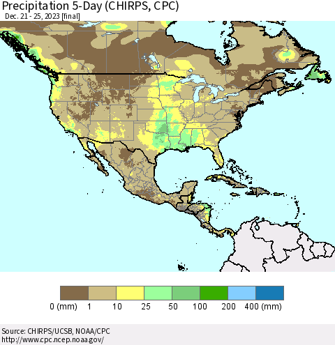 North America Precipitation 5-Day (CHIRPS) Thematic Map For 12/21/2023 - 12/25/2023