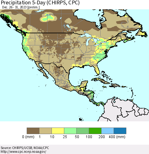 North America Precipitation 5-Day (CHIRPS) Thematic Map For 12/26/2023 - 12/31/2023