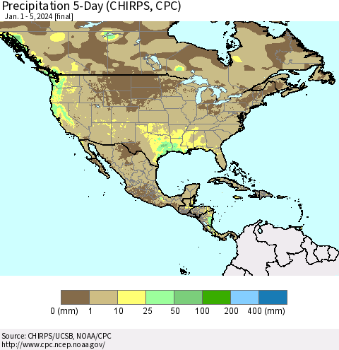 North America Precipitation 5-Day (CHIRPS) Thematic Map For 1/1/2024 - 1/5/2024