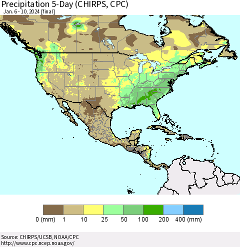 North America Precipitation 5-Day (CHIRPS) Thematic Map For 1/6/2024 - 1/10/2024