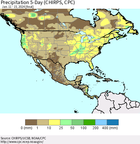 North America Precipitation 5-Day (CHIRPS) Thematic Map For 1/11/2024 - 1/15/2024