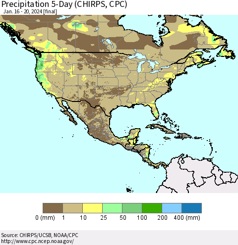 North America Precipitation 5-Day (CHIRPS) Thematic Map For 1/16/2024 - 1/20/2024