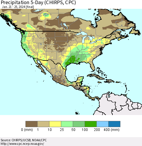 North America Precipitation 5-Day (CHIRPS) Thematic Map For 1/21/2024 - 1/25/2024