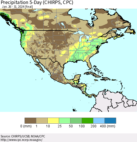 North America Precipitation 5-Day (CHIRPS) Thematic Map For 1/26/2024 - 1/31/2024