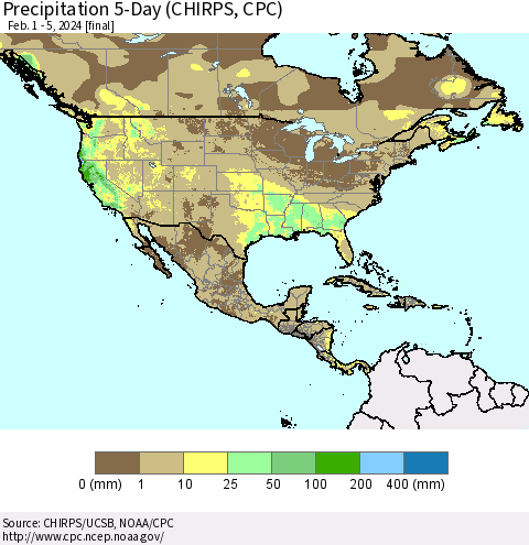 North America Precipitation 5-Day (CHIRPS) Thematic Map For 2/1/2024 - 2/5/2024